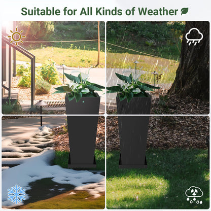 Toriexon Metal Tall Outdoor Planters Set of 2, 24 inch Durable Tall Planters with Rust-Proof Coating & Drainage Insert Shelve & Trays, Black Outdoor Planters for Porch, Garden, Patio, Yard