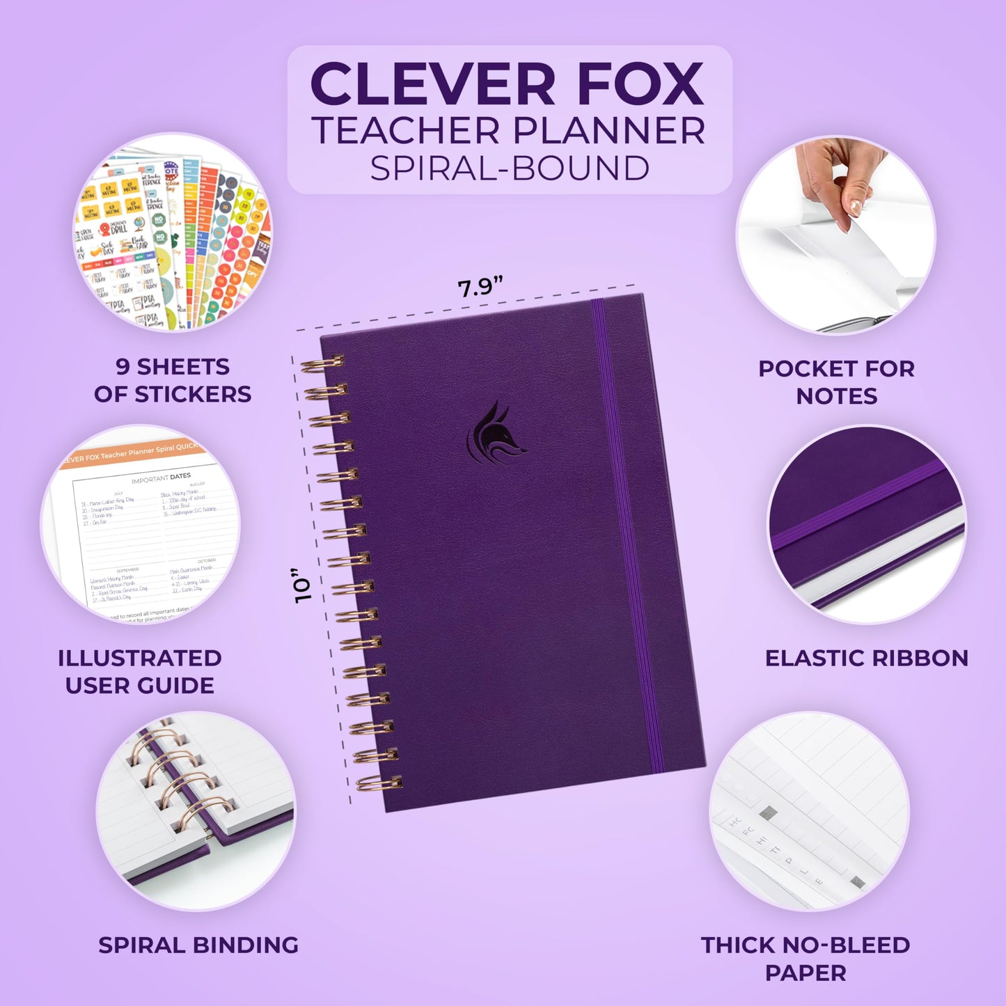 Clever Fox Teacher Planner Spiral – School Year Planner with Calendars & Lesson Plans – Teacher Plan Book for Classroom & Homeschool Organization - Undated, 7.9x10″ (Purple)