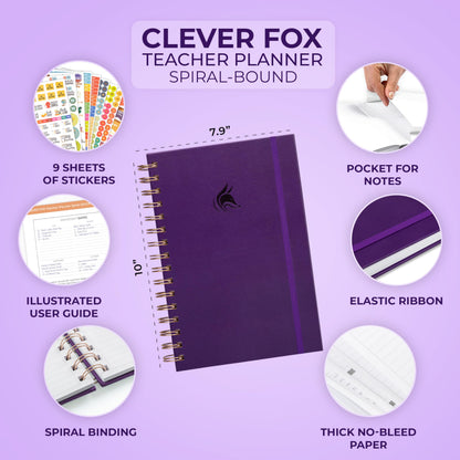 Clever Fox Teacher Planner Spiral – School Year Planner with Calendars & Lesson Plans – Teacher Plan Book for Classroom & Homeschool Organization - Undated, 7.9x10″ (Purple)