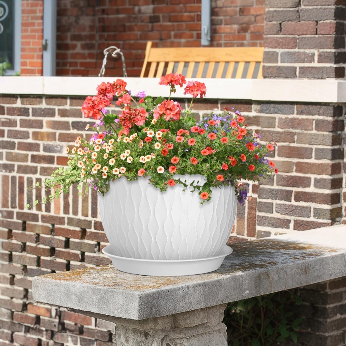 Meowell 12/10/9 inch Large Plant Pots, 3 Pack Wide Flower Pots for Outdoor Indoor Plants with Water Ripples, Big Plastic Planters with Drainage Holes and Saucers for Garden House Plants, White