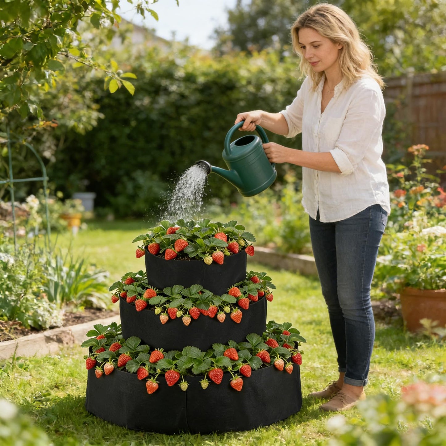 BOUTICOL 3 Tiered Fabric Strawberry Planter 48 36 24 inch Strawberry Tower Planter Stackable Planters Strawberry Grow Kit
