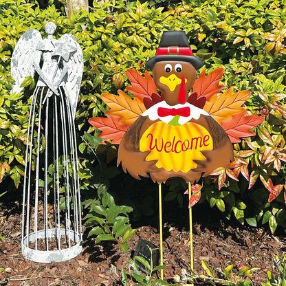 Autumn Metal Garden Stakes, Fall Harvest Thanksgiving Metal Pumpkin Welcome Sign with Turkey Stakes Yard Decorations 28.5''H, Garden Patio Lawn Yard Decor Fall Harvest Thanksgiving Outdoor Decorations