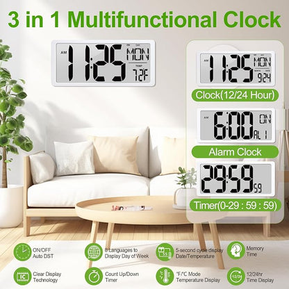 18.5" Extra Large Digital Wall Clock Battery Operated Wall Clock with Time/Calendar/Temperature Jumbo LCD Display Count Up Down Timer Alarm Clocks for Home Office Bedroom (Batteries Included)