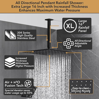 VANFOXLE Shower Faucet Set Matte Black Shower System, Push Button Diverter Shower Faucet with Trim Kit, Ceiling Mount 16 Inch Shower Head Increased Thick, 6 Inch Side Shower Head, 2-in-1 Handheld