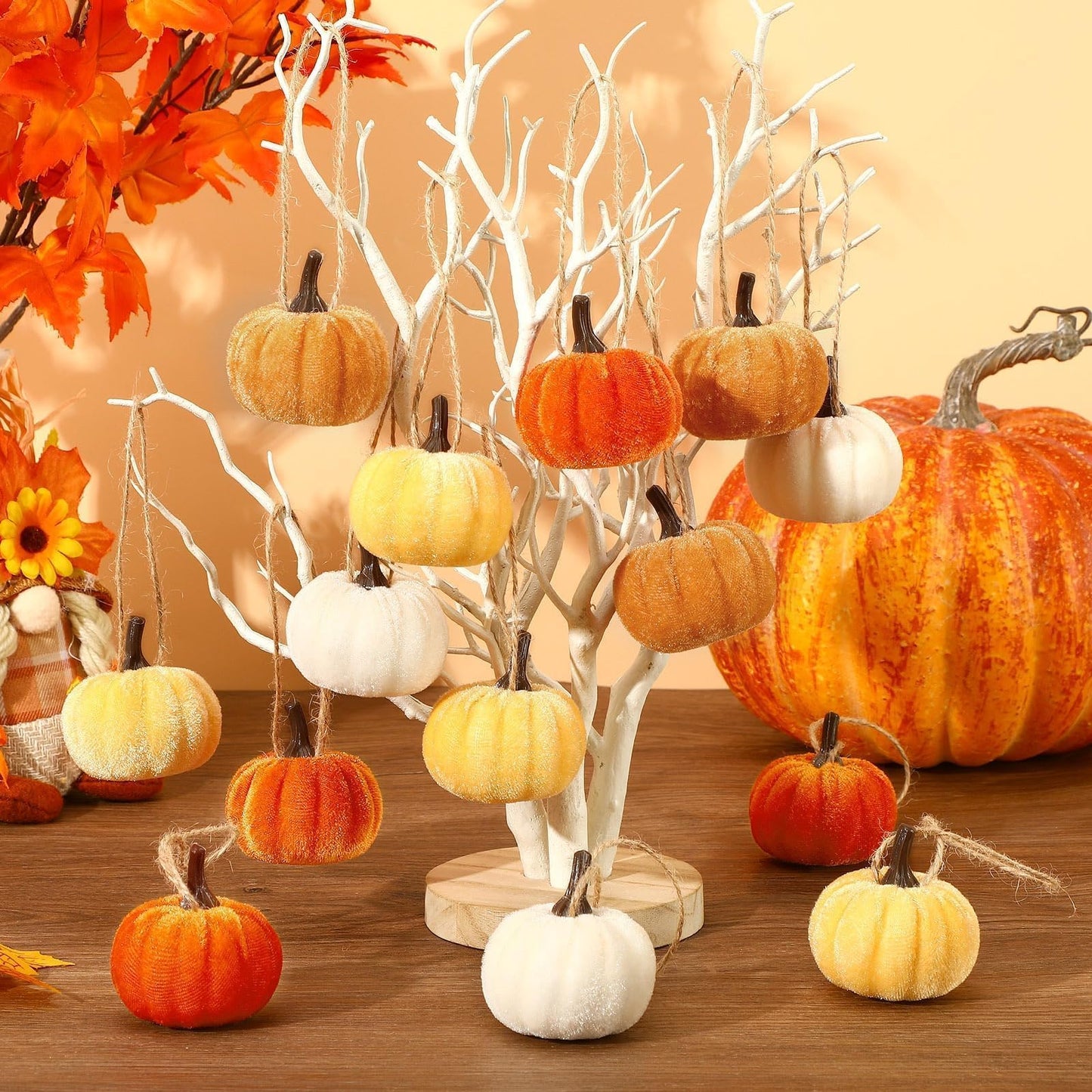 DTOFOOT 16 Pcs Fall Thanksgiving Pumpkin Hanging Ornaments, Autumn Velvet Fabric Wrapped Pumpkin Pendant for Farmhouse Harvest Halloween and Home Party Decor