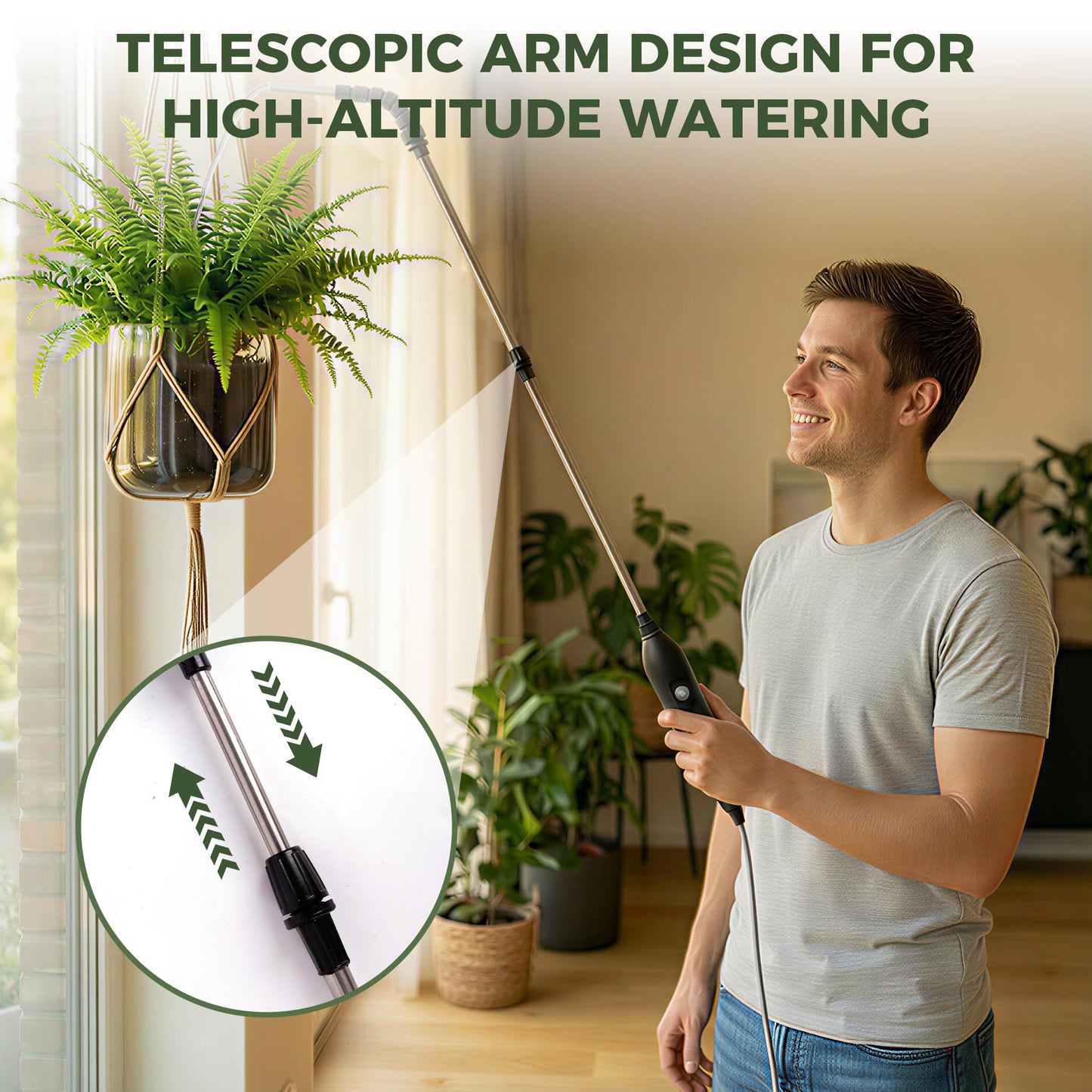 Rechargeable Cordless High Reach Plant Waterer - with Telescopic Wand Plant (25.6–33.4 in), Watering Can Hanging Plants Baskets, 2 Adjustable Nozzles and 8.6ft Water, Hose for Yard Lawn Weeds Plants