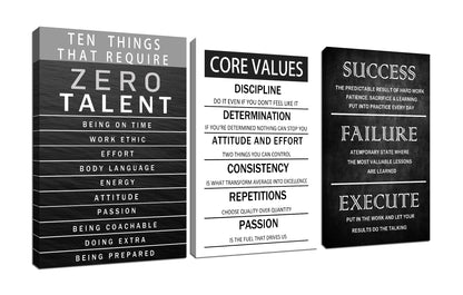 Zero Talent Poster Motivational Office Quotes Wall Art Core Values Inspirational Wall Decor Canvas Print 3 Panel Picture Artwork for Living Room Bedroom Home Decor Framed Ready to Hang [48''Wx 24''H]