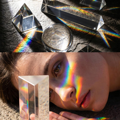 6 Pack K9 Optical Crystal Photography Prism Set Include 50mm and 150mm Clear Triangular Prism 50mm Lens Ball, Cube,Optical Pyramid and 60mm Dome Magnifying for Photography Effects Physics Optics