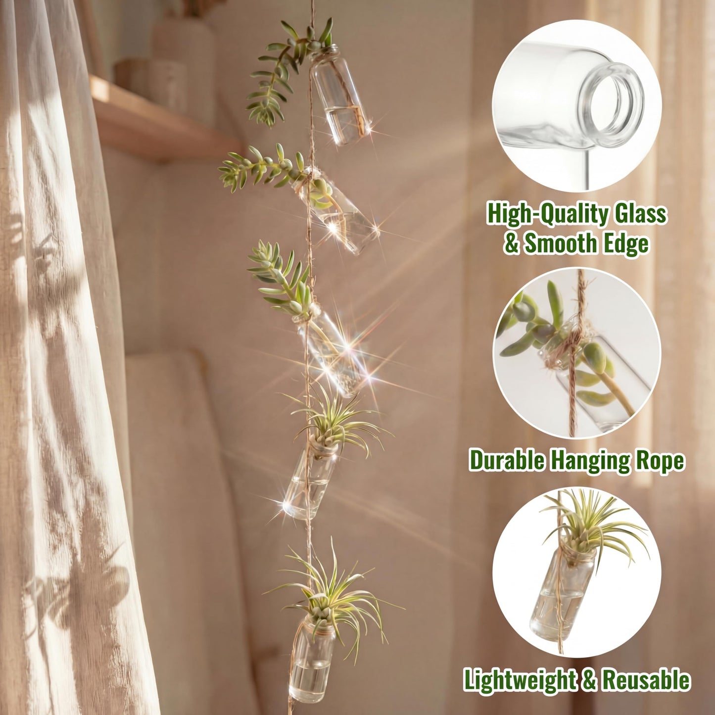Ferrochef 40 Pcs Hanging Plant Propagation Jars Mini Glass Hanging Planters Glass Hydroponic Plant Cutting Bottles with Rope Window Wall Planter for Indoor Plants Home Decor
