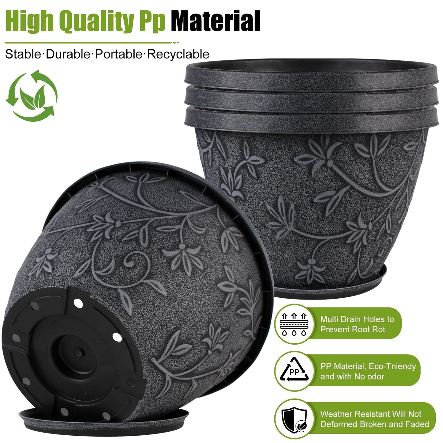 Nooulap 4 Pack 10 Inch Flower Pots for Outdoor Indoor, Plastic Plant Pots with Drainage Hole & Saucer, Lightweight Small Resin Flower Pot, Outdoor Planters Imitation Magnolia for Garden House（Gray）