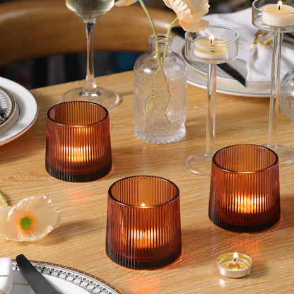 Amber Ribbed Tealight Votive Candle Holders- 6Pack Glass Candle Holders for Table Centerpiece, Home Decor, Wedding Decor, Party Dinner