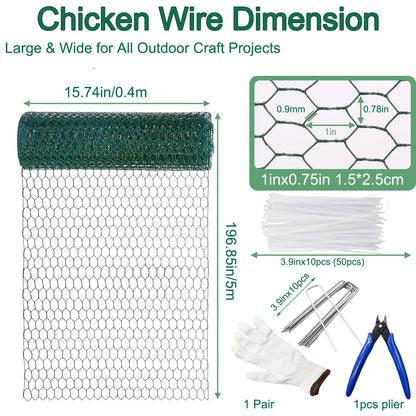 Chicken Wire Mesh,16.4 Ft x 15.4In Plant Protectors from Animals,Coated Green Chicken Wire Mesh,Stakes,Pliers,Gloves,Outdoor Anti-Rust Garden Animal Barrier Fence for Chicken Coop Barrier Rabbit Cage