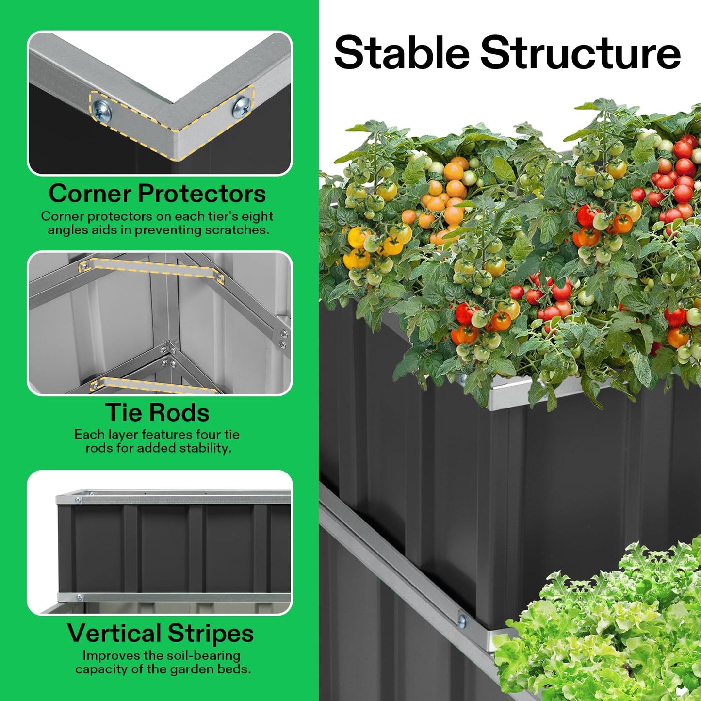 VIVOSUN 3-Tier Metal Raised Garden Bed, 46" x 46" x 24" Galvanized Steel Metal Outdoor Planter Box with Gloves and Scissors to Grow Flowers, Vegetables and Herbs for Outdoor Gardening, Dark Gray