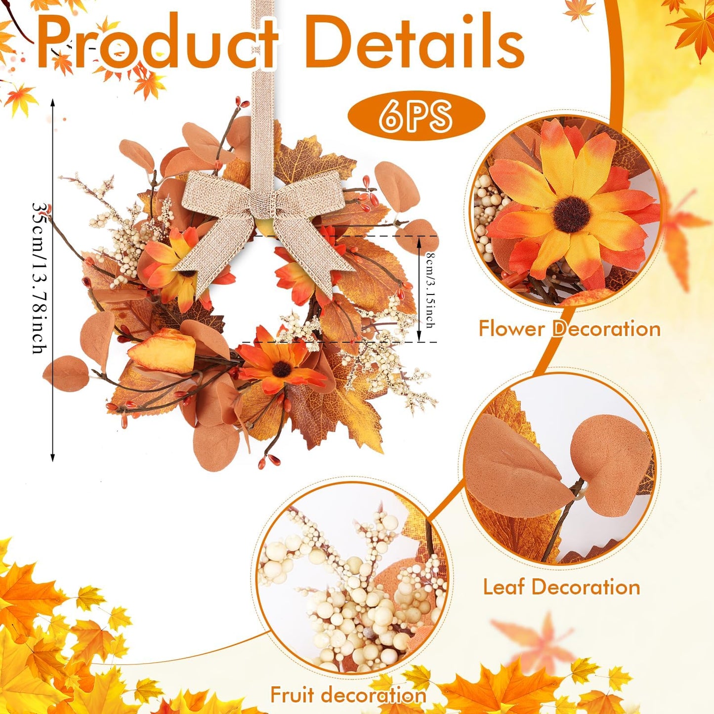 6 Pcs 3 Inch Fall Floral Wreaths Autumn Harvest Sunflowers Pumpkins Leaves Berries Hanging Candle Rings Wreath Mini Thanksgiving Table Centerpiece Wreath for Pillar Cabinets Farmhouse Decoration