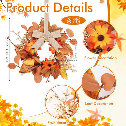 6 Pcs 3 Inch Fall Floral Wreaths Autumn Harvest Sunflowers Pumpkins Leaves Berries Hanging Candle Rings Wreath Mini Thanksgiving Table Centerpiece Wreath for Pillar Cabinets Farmhouse Decoration