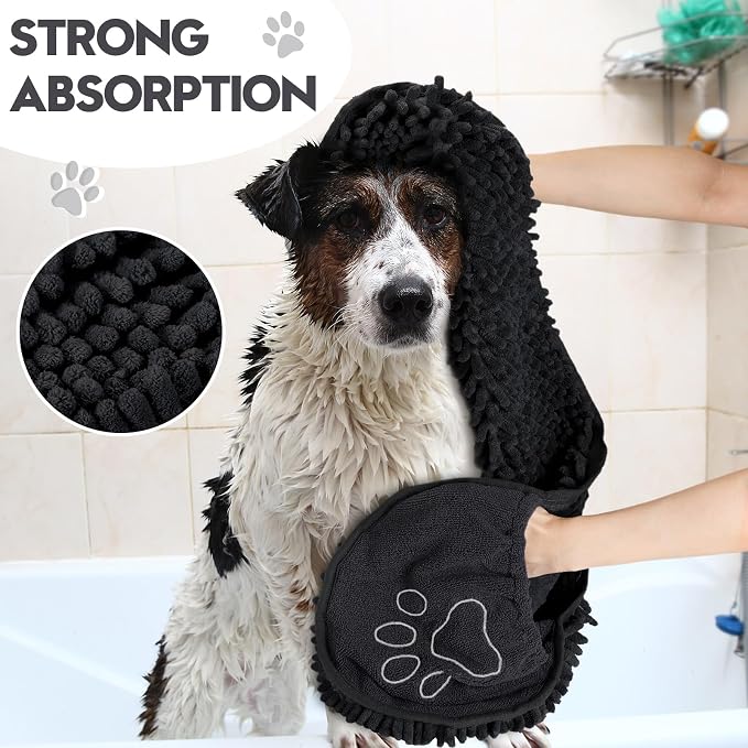 Newwiee 4 Pcs Large Dog Towels for Drying Dogs with Hand Pocket Microfiber Shammy Towel 32 x 14 in Dog Bath Towel Absorbent, Quick Drying, Machine Washable for Pet Puppy Clean Shower Supplies(Black)