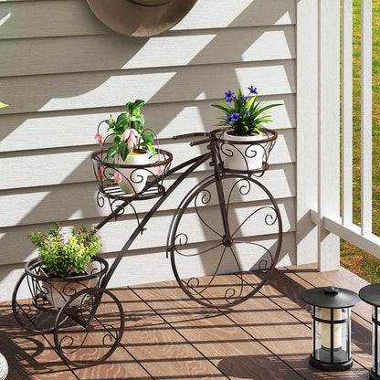 Metal Bicycle Plant Stand,3-Tier Tricycle Planter with Hollowed Baskets,Flower Display Stand Cart with 3 Decorative Wheels,Tricycle Plant Stand for Outdoor Indoor Home Balcony Backyard(Bronze)
