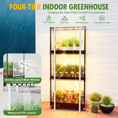 SPECILITE Indoor Greenhouse with Grow Light, DIY 4-Tier Plant Stand with PVC Cover and 99W Full Spectrum 5000K LED Plant Lights, Rolling Plant Shelves with Tent & Timer for Seed Starting, 27x14x59IN