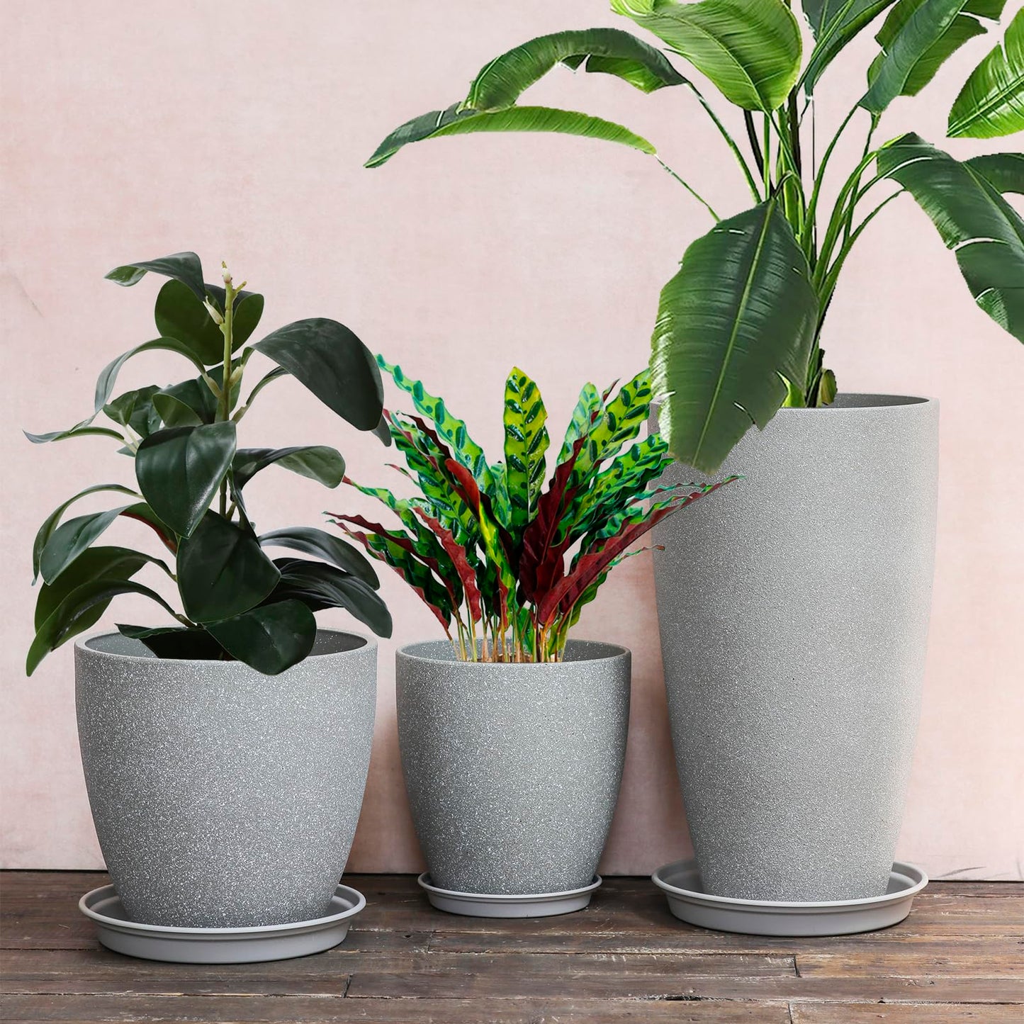 Tall Plant Pots Cement Grey Finish Unbreakable Flower Pot with Drainage Holes&Tray 11+12+21Inch H Planters For Garden Patio Indoor Outdoor Plants Modern Décor for Tall Plants Gift For Plant Lovers