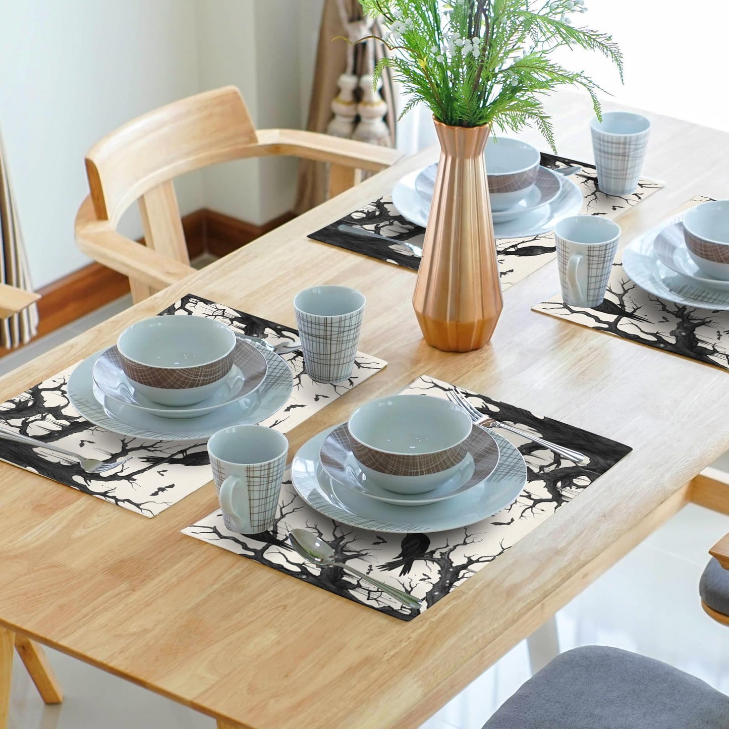 Crow Halloween Placemats Set of 4 18x12 Inch Ravens and Bats in Forest Linen Place Mats Heat-Resistant Washable Wipeable Holiday Table Mat for Party Kitchen Dining Room Dinner Table Decor