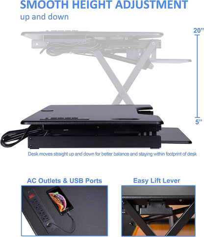 Rocelco 46" Standing Desk Converter with AC USB Charger and Triple Monitor Mount Arm - Height Adjustable Sit Stand Up Three Screen Riser Workstation - Keyboard Tray - Black (R DADRB-46-ACUSB-DM3)