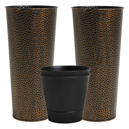 Worth 2 Pack 28" Tall Narrow Metal Planter with Inside Pot for Indoors or Outdoors, Deck, Patio or Front Porch, Hand-Hammered Texture, Bronze