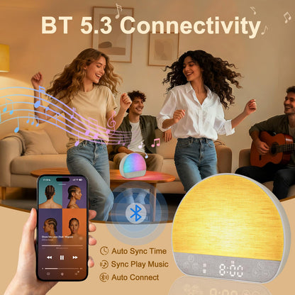 JONRRYIN Sunrise Alarm Clock Tap Snooze, 37 Sounds White Noise Machine Gentle Wake Up Light with Bluetooth, Remote, USB Charging & 15 Color Night Lamp, Sunlight Alarm for Heavy Sleeper Bedroom Gift