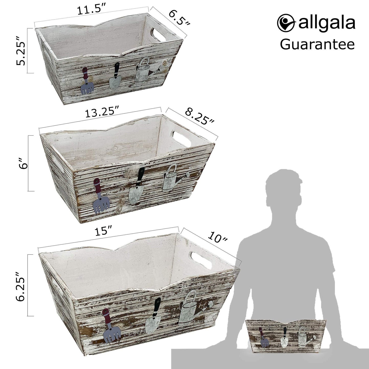 allgala HD88341 3-PC set Wooden Boxes Planter Trough for flower pots - Indoor Outdoor decoration Storage Display Boxes (Style 4)