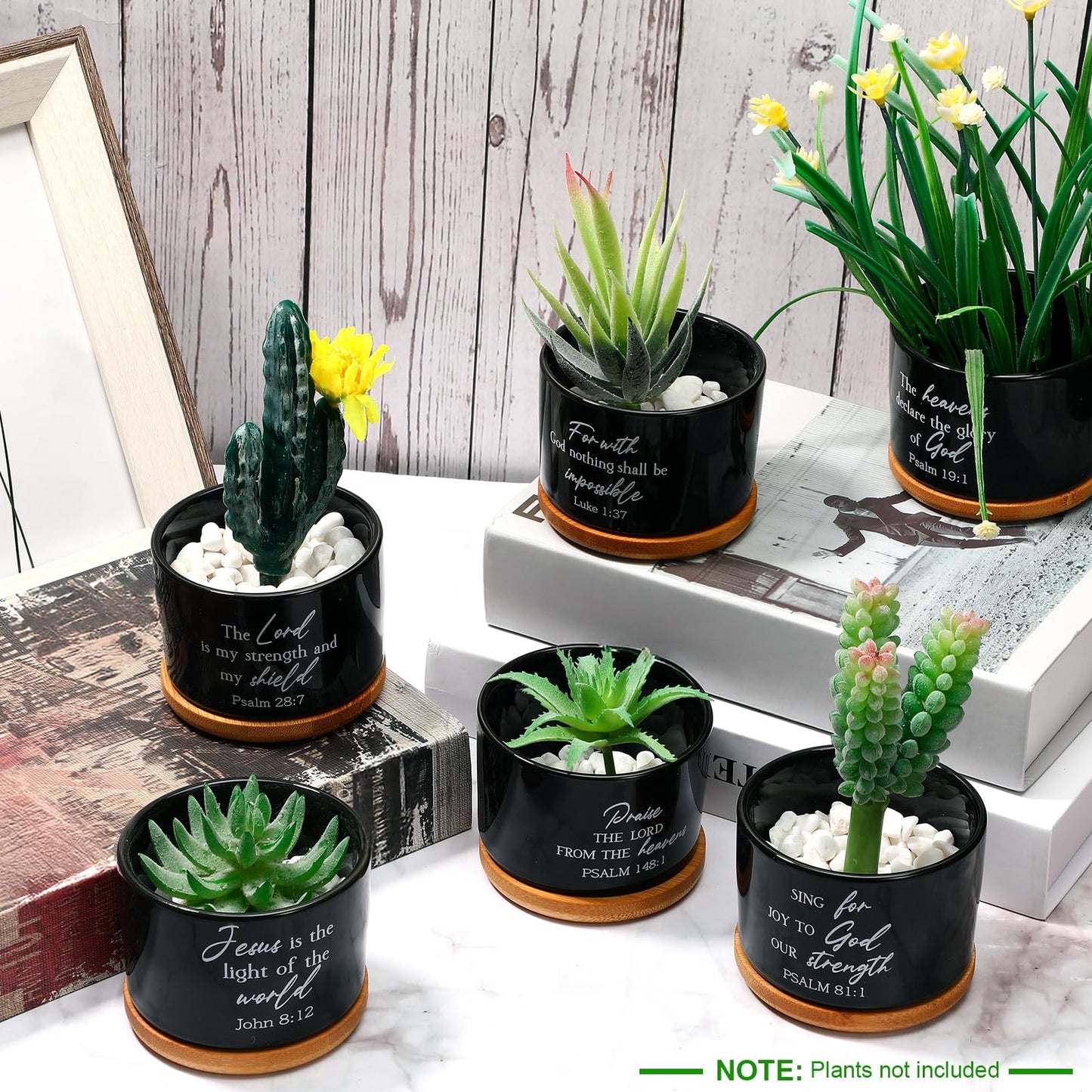 RimCereal 9 Pcs Inspirational Bible Verse Gifts Black Ceramic Succulent Pots with Bamboo Saucers Christian Decor Perfect Religious Gift for Home Office for Mother's Day Graduation Teachers Nurses