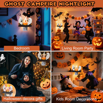 nlaa Ghost Campfire Nightlight,Halloween Campfire Flickering Night Light,3D Spooky Fire Marshmallow Night Light for Halloween Decor (Cute Ghost)
