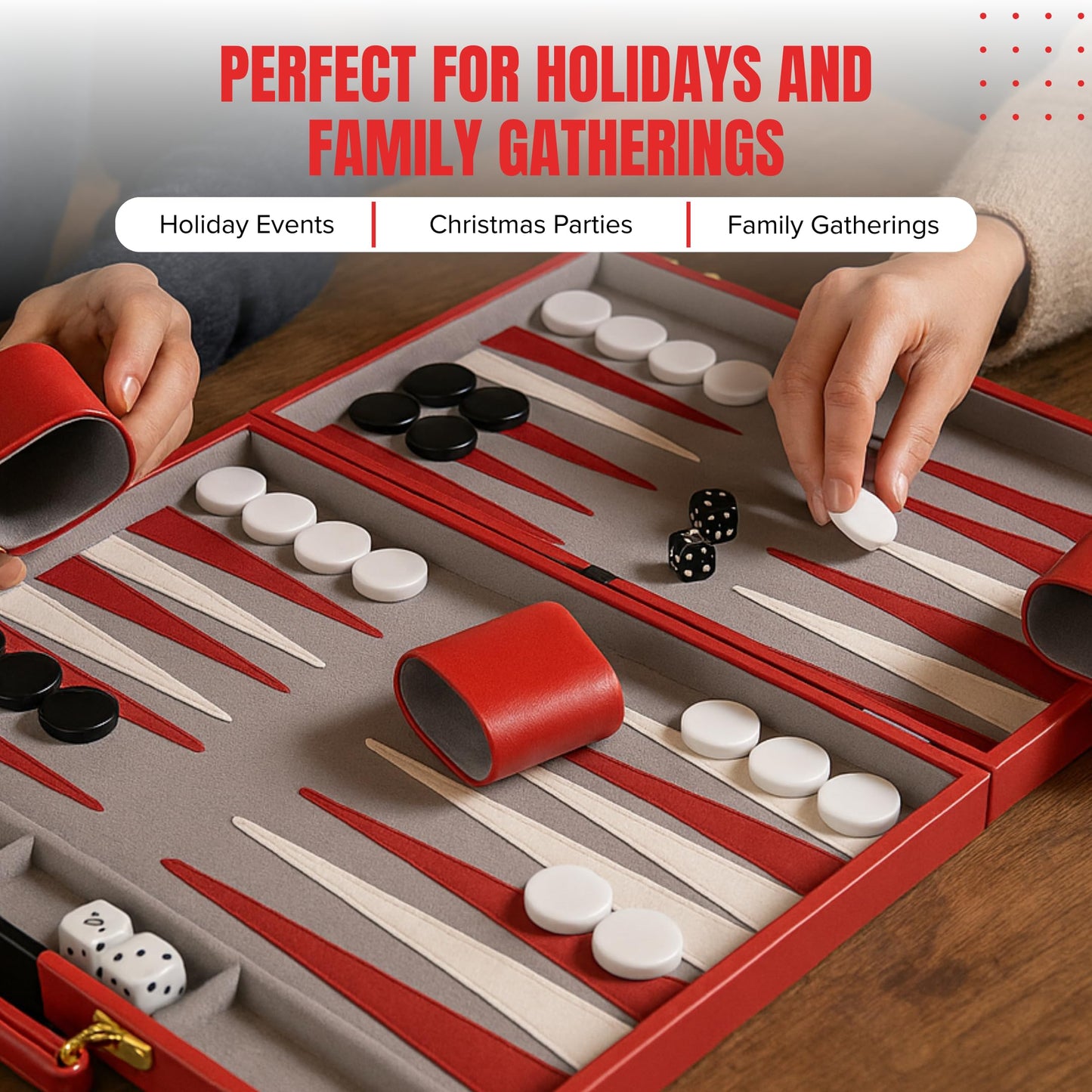 Premium Backgammon 18 Inches Large Red - Backgammon Sets for Adults and Kids - Leatherette Back Gammon Board Game Set - Travel Backgammon Set Board Encased with Accessories