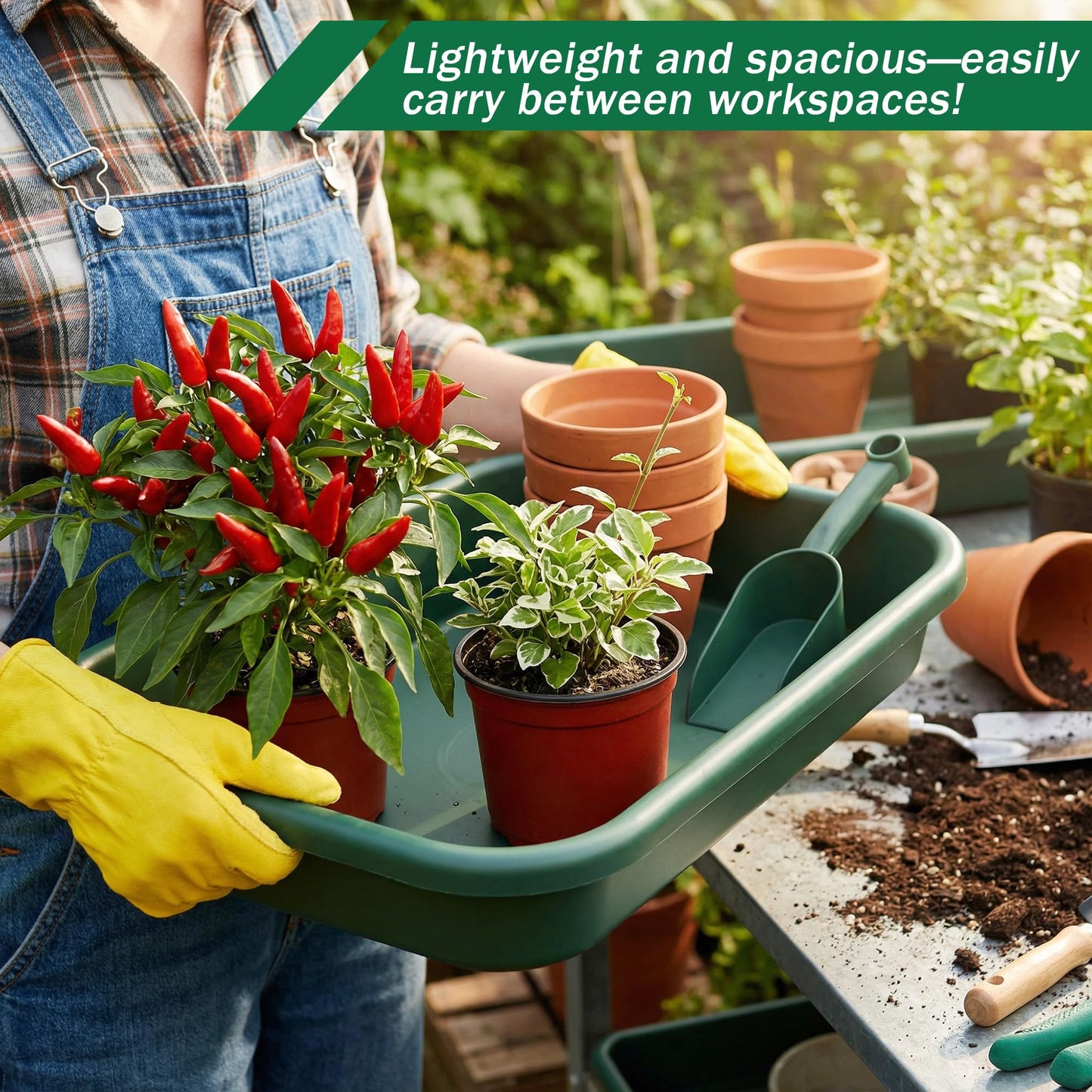 3 Set Garden Potting Tray with Scoops, Large Tidy Tray for Repotting, Seeding & Soil Mixing, All-in-One Durable Gardening Tidy Tray for Indoor Plants, Succulents, Cactus – 23x13.6x4.5 Inch, Green