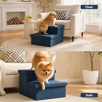 2-Step Wide Dog Stairs with Storage 11" H, Non-Slip Sturdy Pet Steps for Couch Chair, Dog Steps for Small/Medium Old Dogs, Cats, Rabbits Up to 150lbs, Foldable Cat Puppy Stairs for Car, Navy