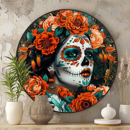 Classic Calavera Sugar Skull Round Aluminum Sign Halloween Autumn Wall Hanging Wall Art Decorative Signs & Plaques 8x8 Inch. Perfect for Bedroom, Living Room, Office, and Entryway Decor. Dreamy Artistic Style.
