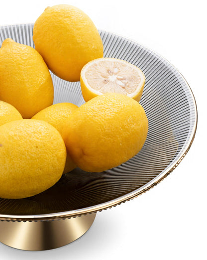 Tapered Glass Decorative Bowl(Gray), 9.8 Inches Handblown Striped Glass Bowl with Gold Trim and Rust Resistant Metal Base,Decor Fruit Bowl for Home Decor,Table Centerpiece,Kitchen Island,Dining Decor