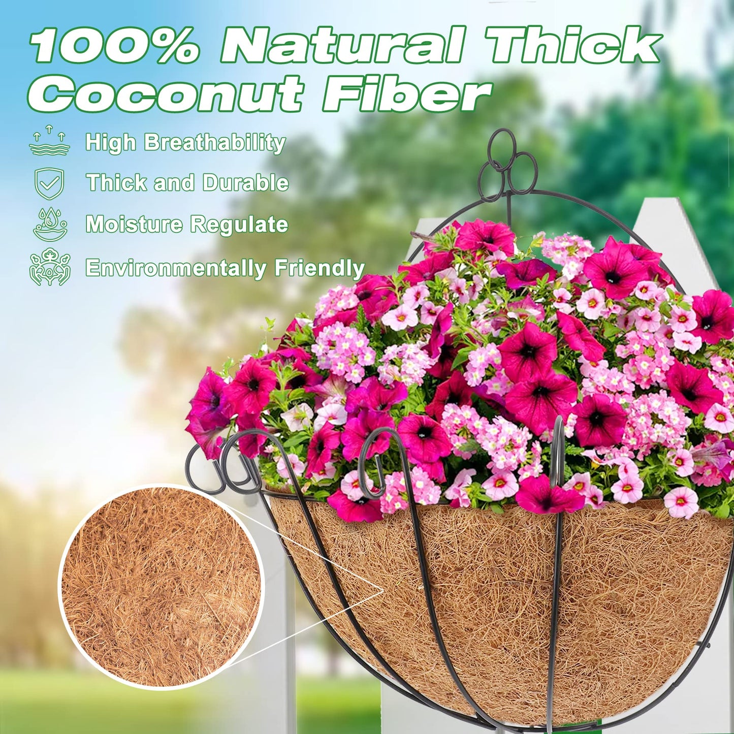 Y&M 16 Inch Pre-Formed Half Round Coco Fiber Liners – 2PCS Natural Coconut Liners for Hanging Baskets, Planter Boxes, Wall Mounted, Water Retention, Easy Fit for 16" Half Round Planters