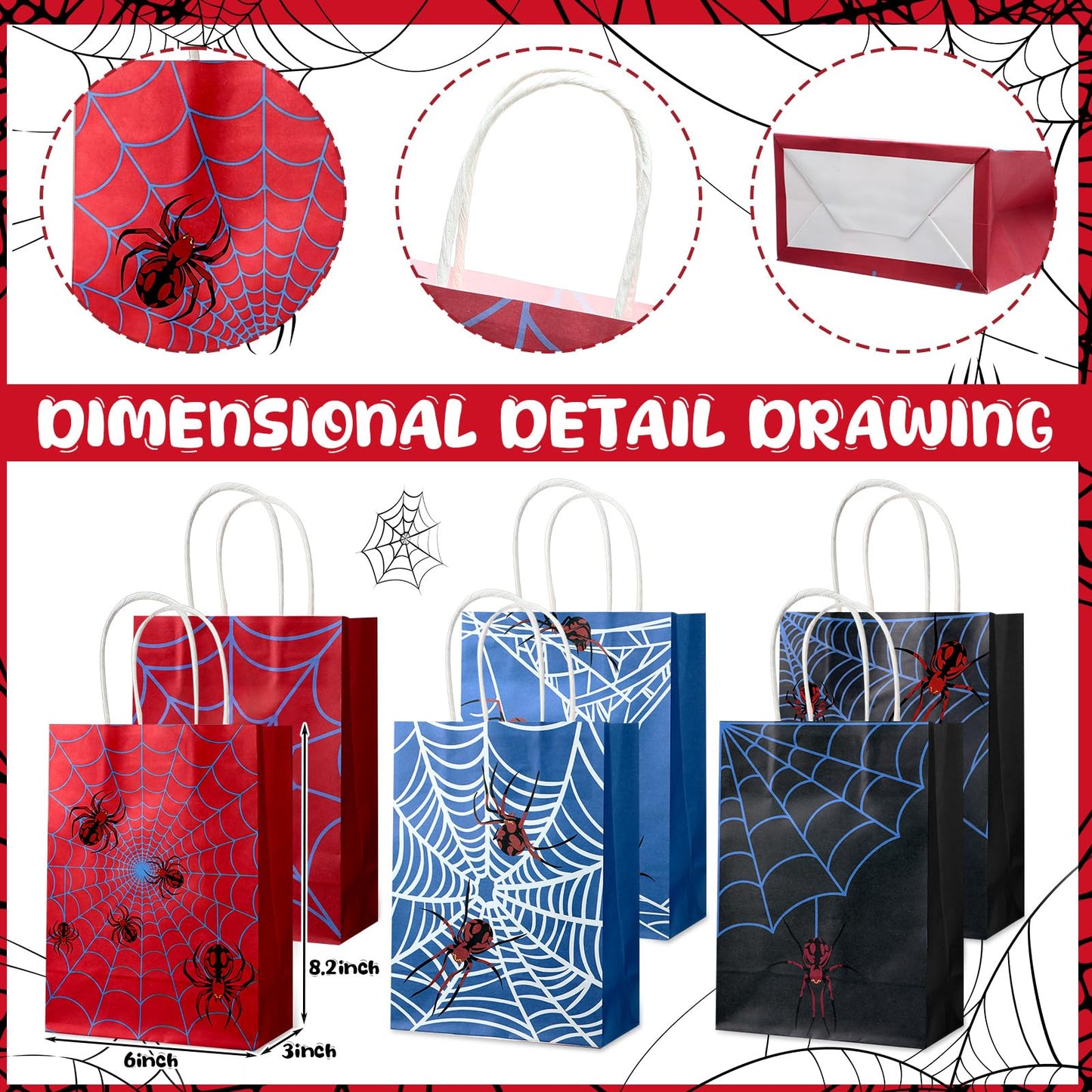Simgoing 120 Pcs Spider Party Favors Include Spider Sunglasses, Web Gift Tote Bags, Blue Red Black Rubber Wristbands, Silicone Keychains and Sticky Webs for Birthday Comic Themed Party Decoration