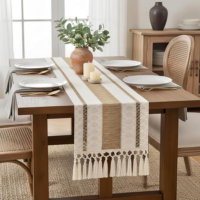 FEXIA Boho Table Runner for Hoilday Spring Home Decor with Tassels 60 Inches Long Pottery barn Furniture Farmhouse Rustic Macrame Burlap Table Decoration for Living Room (12x60 Inches)