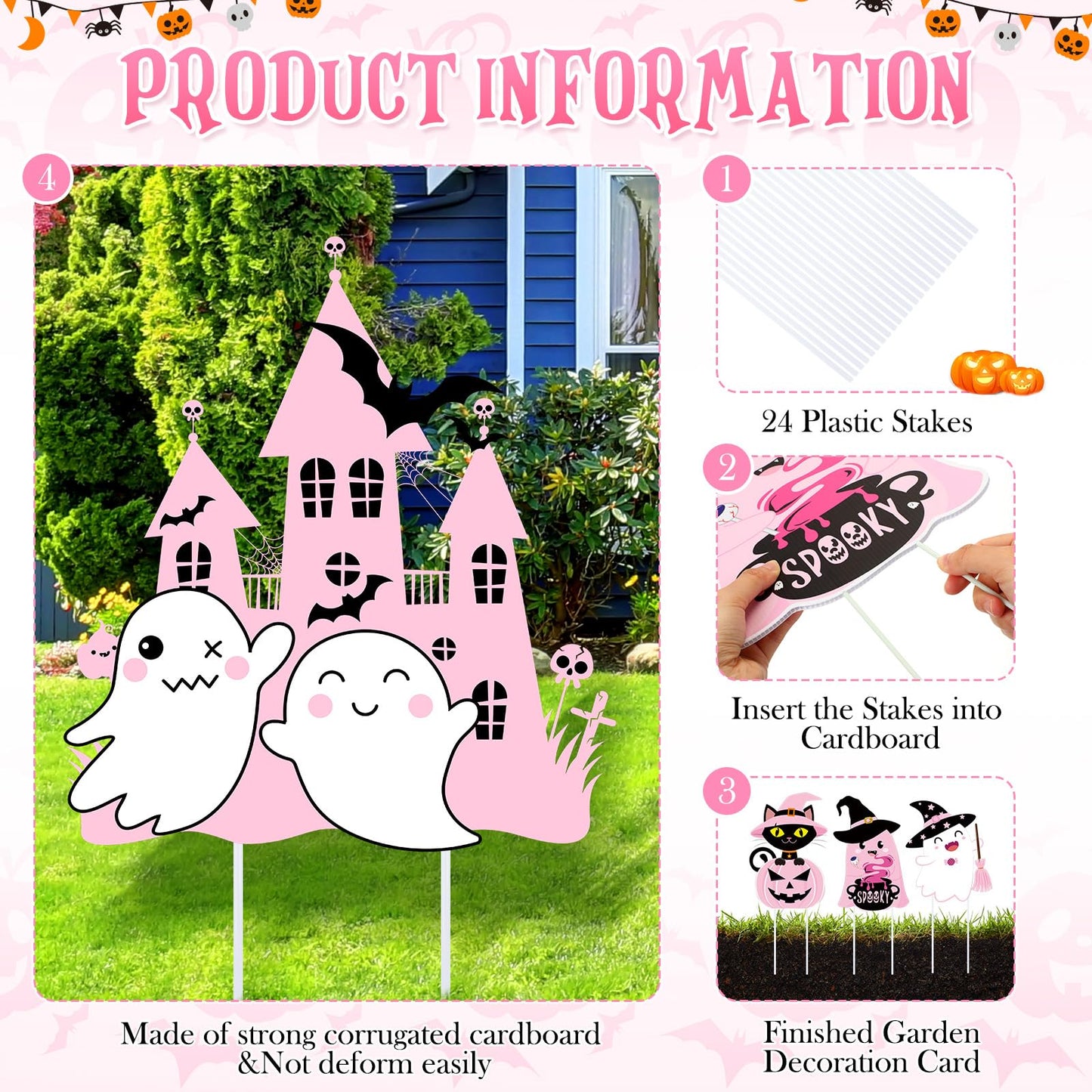 Huwena 12 Pcs Pink Halloween Decorations Cute Halloween Baby Shower Yard Stakes Spooky Pumpkin Cat Ghost Witch Garden Signs with Stakes for Halloween Happy Boo Party Lawn Patio Outdoor