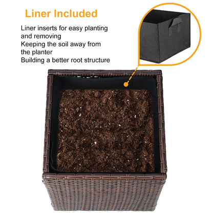 SUNNYPARK Set of 2 Large Square Planter with Removable Liner, All-Weather PE Rattan Modern Planters Indoor Outdoor Flower Plant Pots Garden Box Patio Yard Front Porch Deck