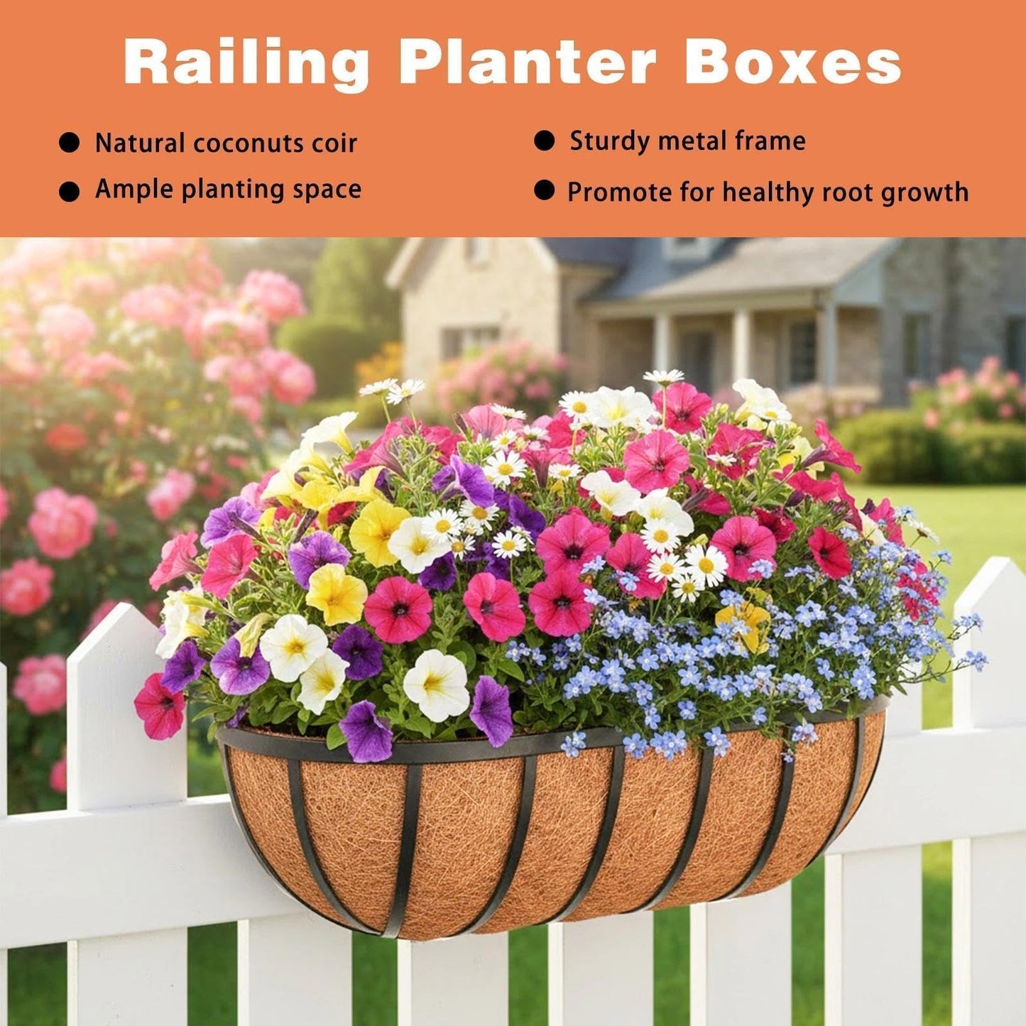 ZVOWOS 2 Pack 36" Railing Planter Window Box with Coco Fiber Liner Horse Trough Planter The Railing Planter Boxes for Deck Porch Fence Outdoor