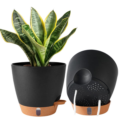 Fielda 2 Pack 8 Inch Pots for Plants Indoor, Plastic Self Watering Planters with Drainage Holes, Water Level Indicator & Deep Reservoir, Decorative Flower Pots Indoor Outdoor Use (Black