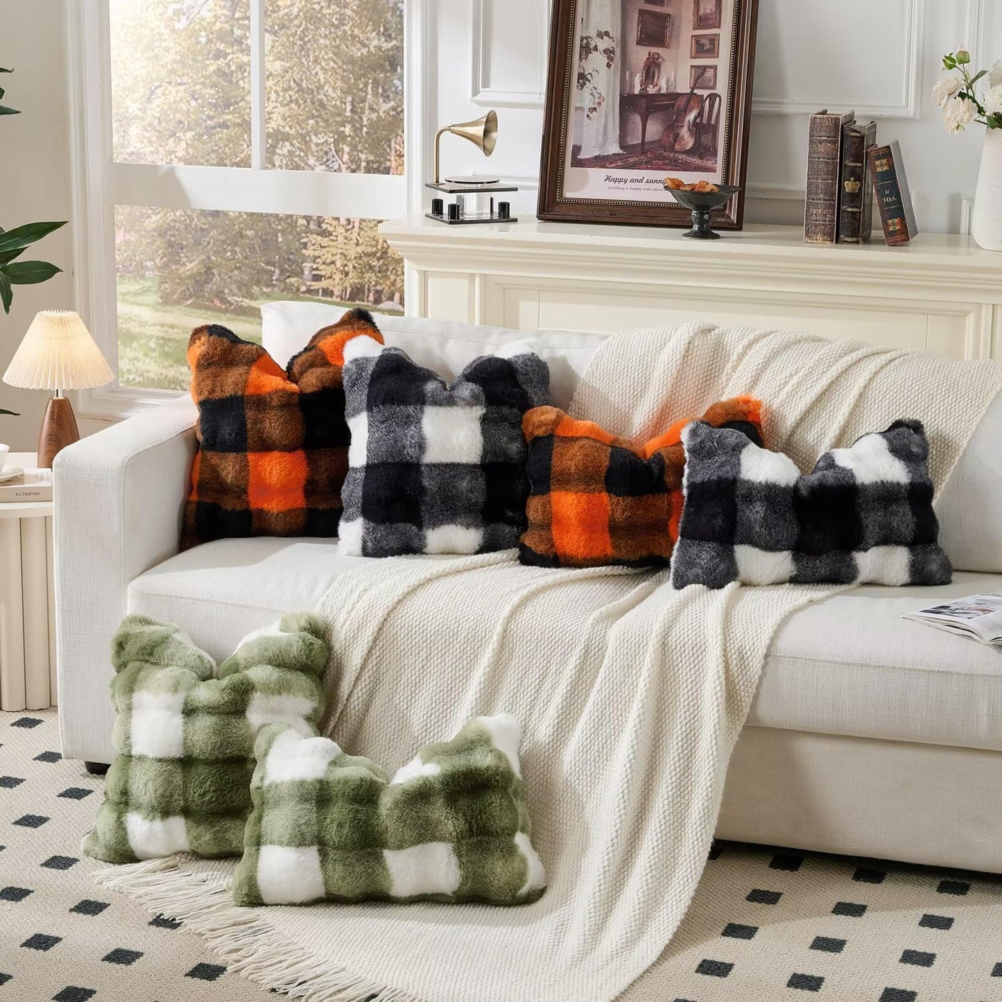 Animebody Set of 2 Faux Fur Cozy Throw Pillow Covers Halloween Decorations Throw Pillows Cushion Pillowcase for Sofa Couch,Orange-Black Grid Print 24 x 24 Inch