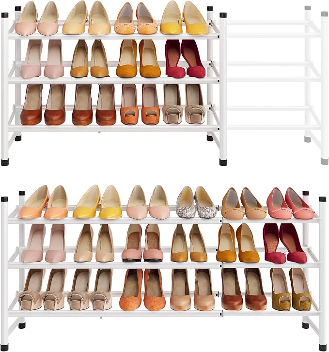 Tajsoon Expandable Shoe Rack for Closet 3 Tier, 28“-41“Adjustable & Stackable Shoe Shelf Storage, Metal Shoe Rack Organizer for Front Door Entrance, Closet, Garage, Entryway, White