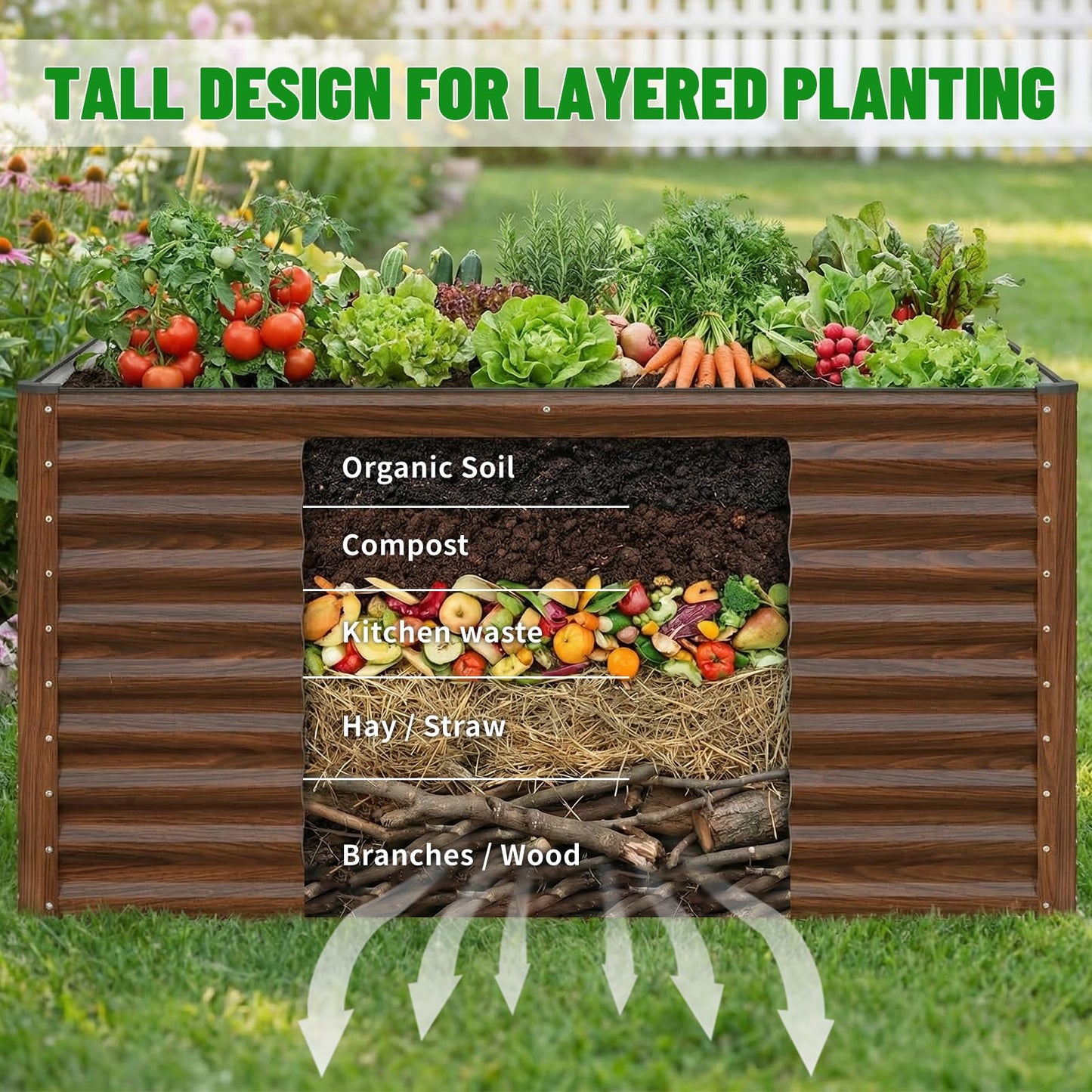 SnugNiture 36" Tall Raised Garden Bed, Easy Gardening at Waist Height, 8x4x3ft Large Galvanized Metal Outdoor Planter Box for Vegetables Flowers, Brown