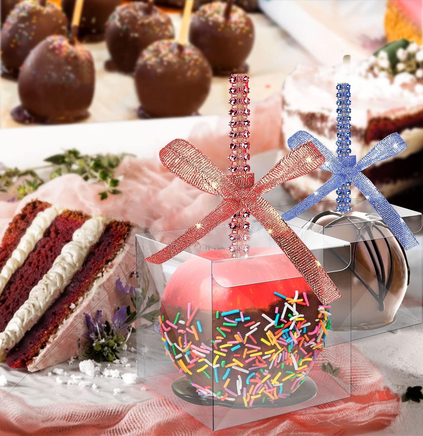 MGWOTH Candy Apple Boxes with Bling Stick Hole Set, 20 Pack Caramel Apple Wrapping Kit with Clear Containers & Rhinestone Bamboo Skewers & Glitter Ribbons, Top for Cake Pop Chocolate Treat Christmas
