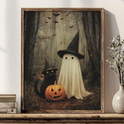 Japrex Ghost and Black Cat in Forest Wall Art Print, Spooky Halloween Art, Whimsigoth Wall Decor, Dark Academia Print, Farmhouse Halloween Decor, Fall Season Art (11 x 14 inch)