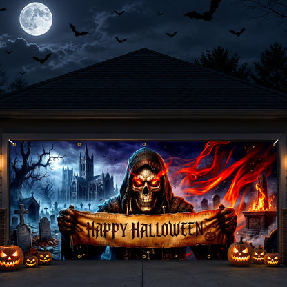 Halloween Garage Door Banner 13x6 FT Outdoor Decoration, Large Spooky Yard Decor Backdrop, Weatherproof Easy Install for Halloween Party (Funny Witch Cat Door Scene, 6 x 13 ft)