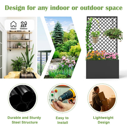 kinbor Planter with Trellis - Metal Planter Boxes Outdoor, Raised Garden Bed with Lattice Trellis for Climbing Plants, Black Flower Boxes Outdoor