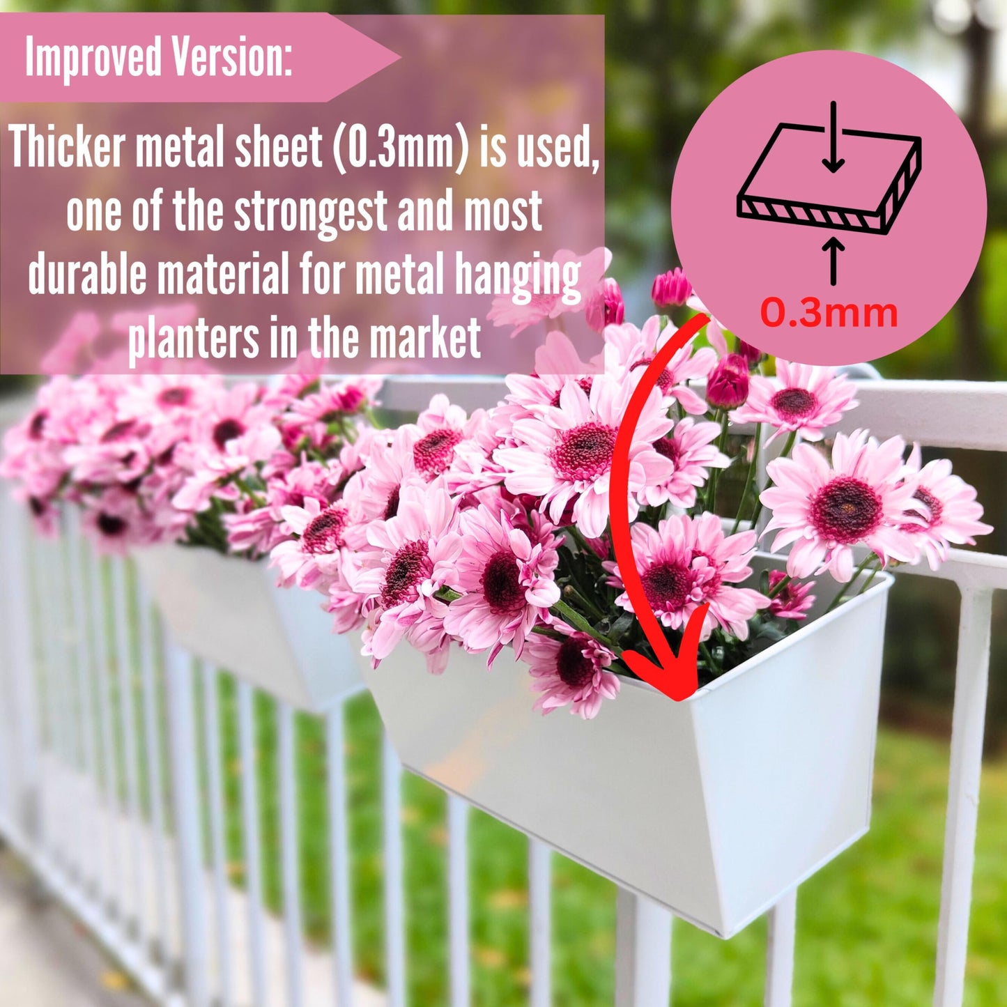 LaLaGreen Rail Planters (6 Pack, 14 Inch) White Metal Rectangle Window Boxes Outdoor, Strawberry Balcony Garden Deck Railing Fence Hanging Flower Pots with Detachable Hook Patio Porch Minimalist Decor
